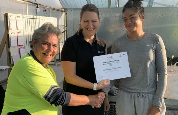 Martina presents Level 2 certificate to Kalei Morgan Tafea with Wendy Watts as 4098 assessor
